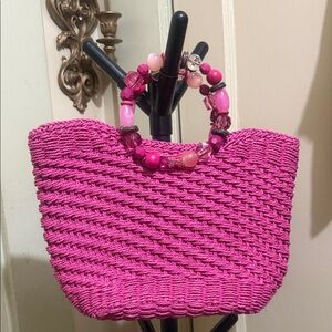 Poppie Jones Bright Pink woven Tote with Beaded Circle Handles